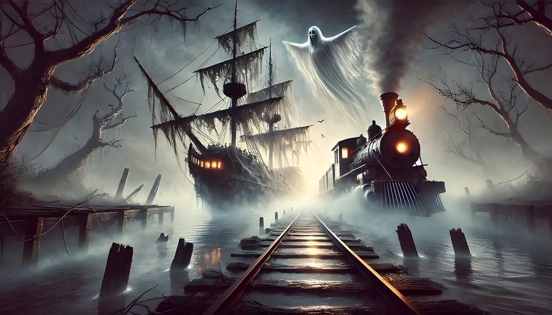 a train traveling through a foggy forest next to a pirate ship on top of a wooden pier Halloween Ghost Train dim gray
