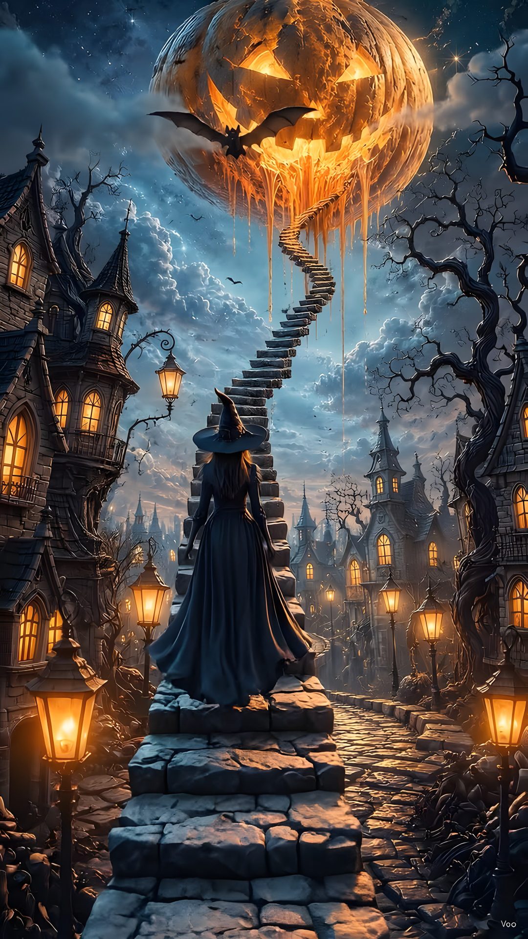 a woman standing on top of a stairway in front of a full moon filled sky Halloween Steampunk dark slate gray