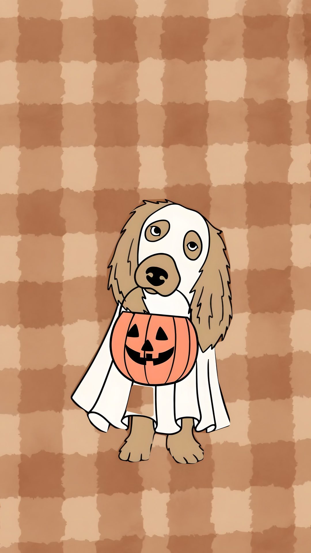 a dog with a pumpkin in its mouth sitting on a checkered tablecloth background Cute Halloween Dog Cartoon rosy brown