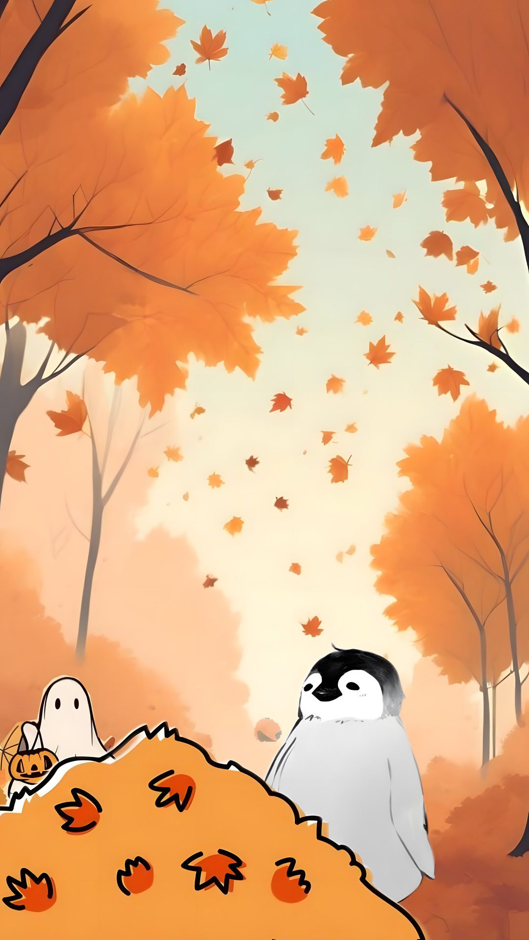 two birds sitting on top of a pile of pumpkins in the woods with fall leaves Penguin Halloween Penguins, Cute, sandy brown