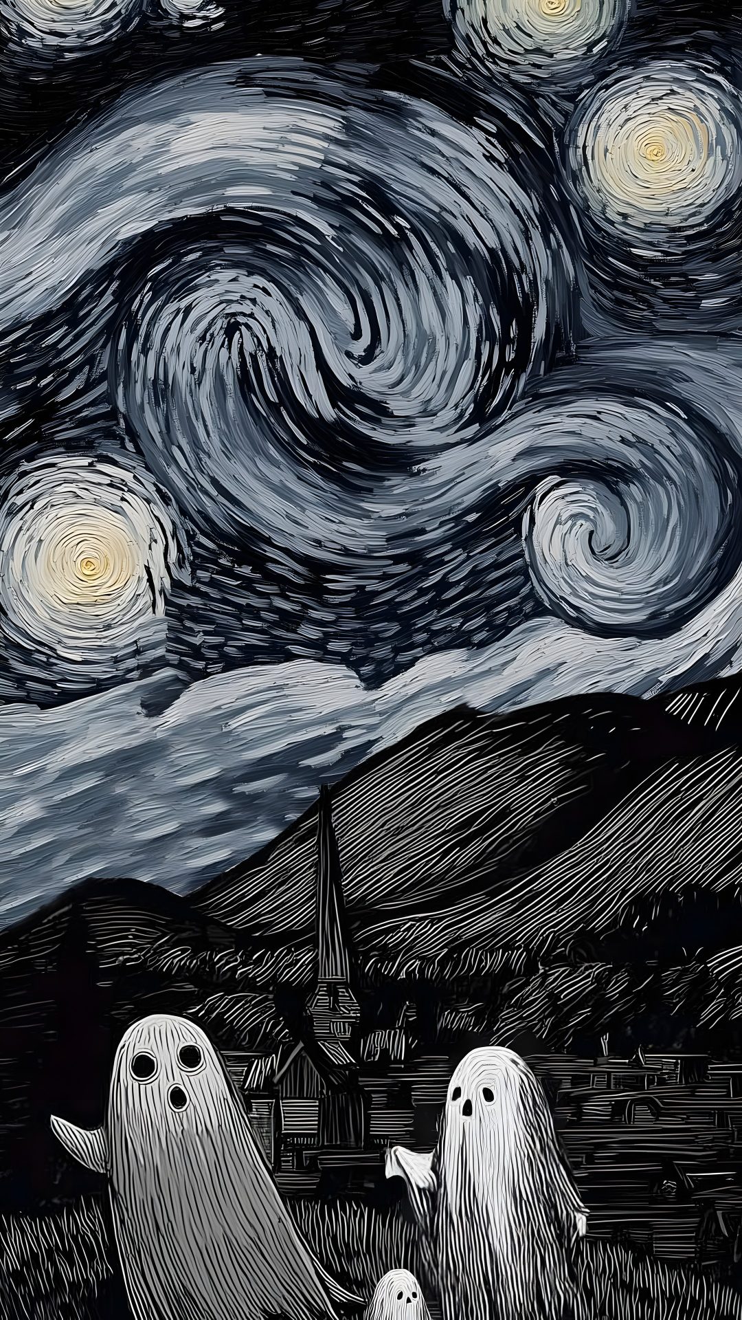 two ghostes are standing in front of a starry night 4k Iphone Halloween dark slate gray