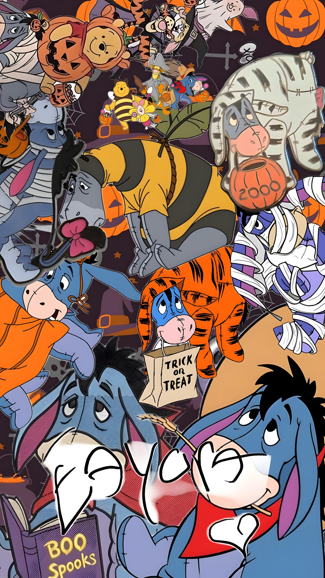 the cartoon characters are all grouped together Eeyore Halloween Halloween Backgrounds, Halloween, Winnie The Pooh, gray