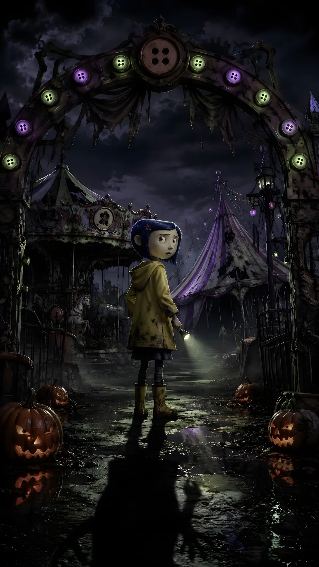a cartoon character standing in front of an entrance to a halloween themed park at night Halloween Iphone Coraline black