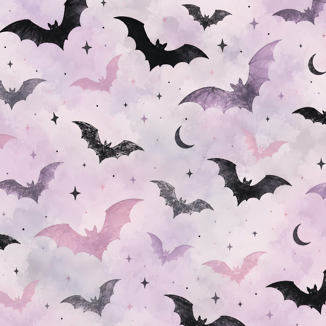 bats flying in the sky with stars and clouds Pink Pastel Halloween Bats thistle