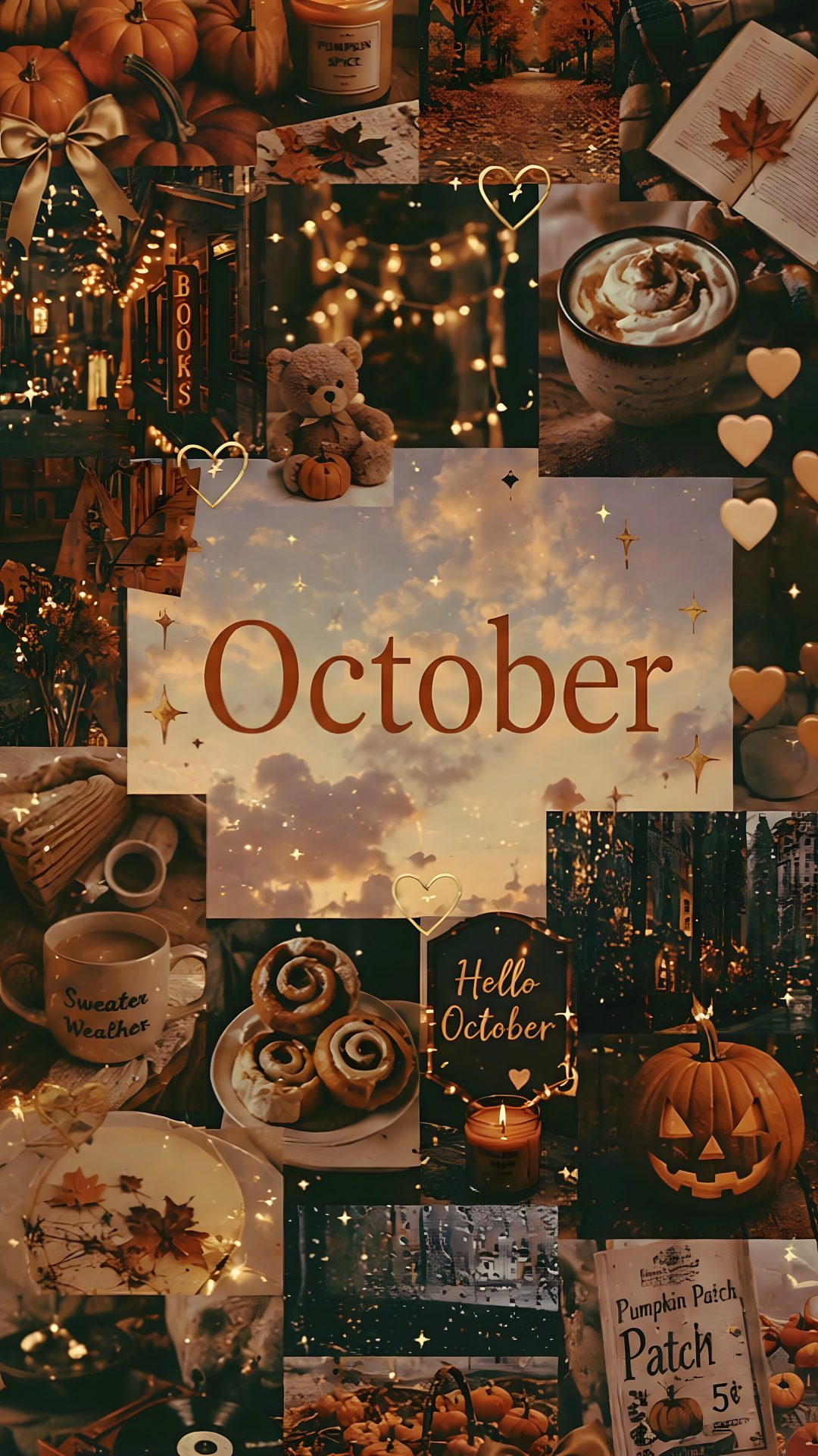 a collage of photos with the words october written on it and pumpkins, books, candles, and other items October Halloween It Works, Creative And Aesthetic Development, saddle brown