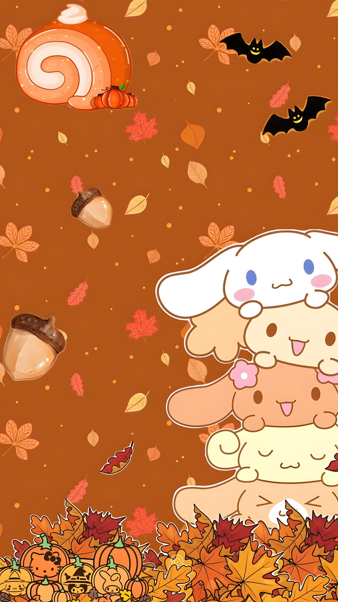 an animated image of a bunny in the fall with pumpkins and leaves around it Cinnamon Roll Halloween sienna