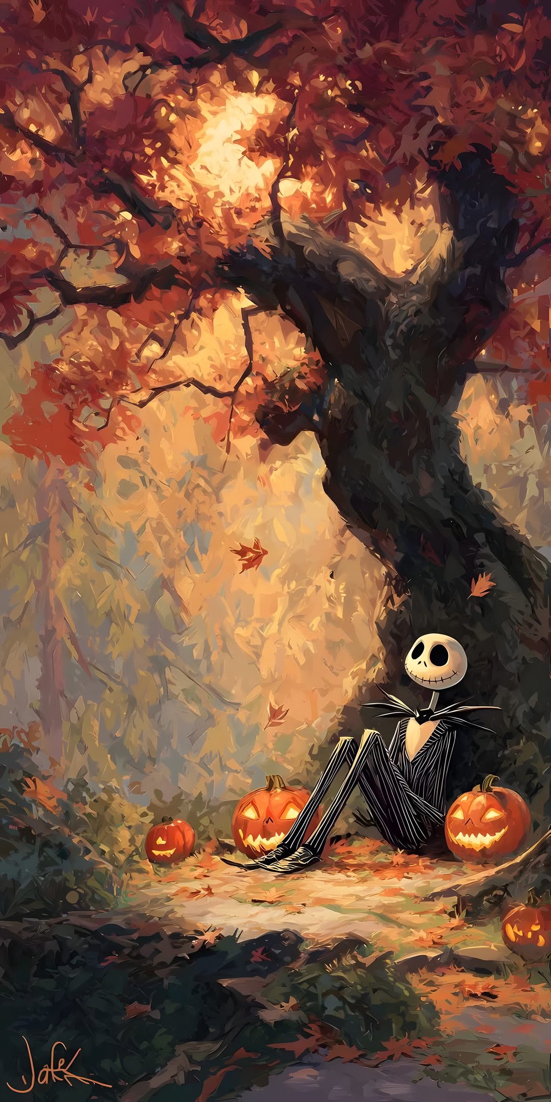 a painting of a skeleton sitting under a tree with pumpkins Halloween Jack Jack Skellington Fall, Jack Skeleton Background, Jack Skellington Iphone, saddle brown