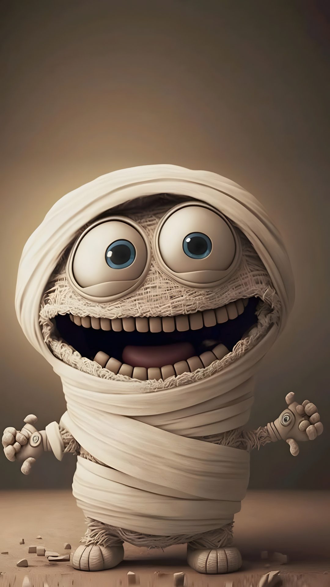 a cartoon character wrapped in bandages with eyes and mouth wide open, standing on the ground Halloween Mummies dark olive green