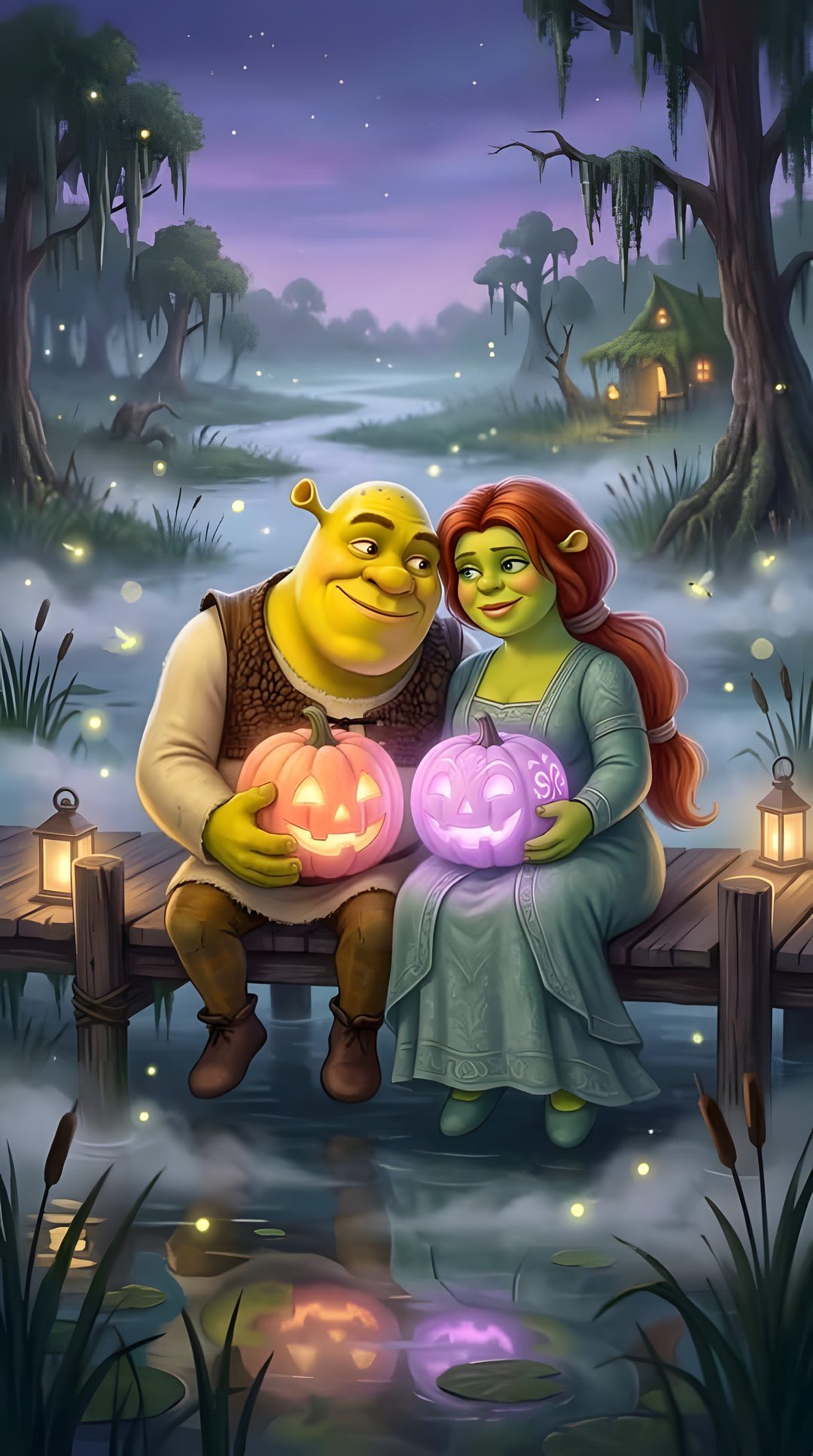 a painting of two people sitting on a bench with pumpkins in front of them Halloween Shrek dim gray