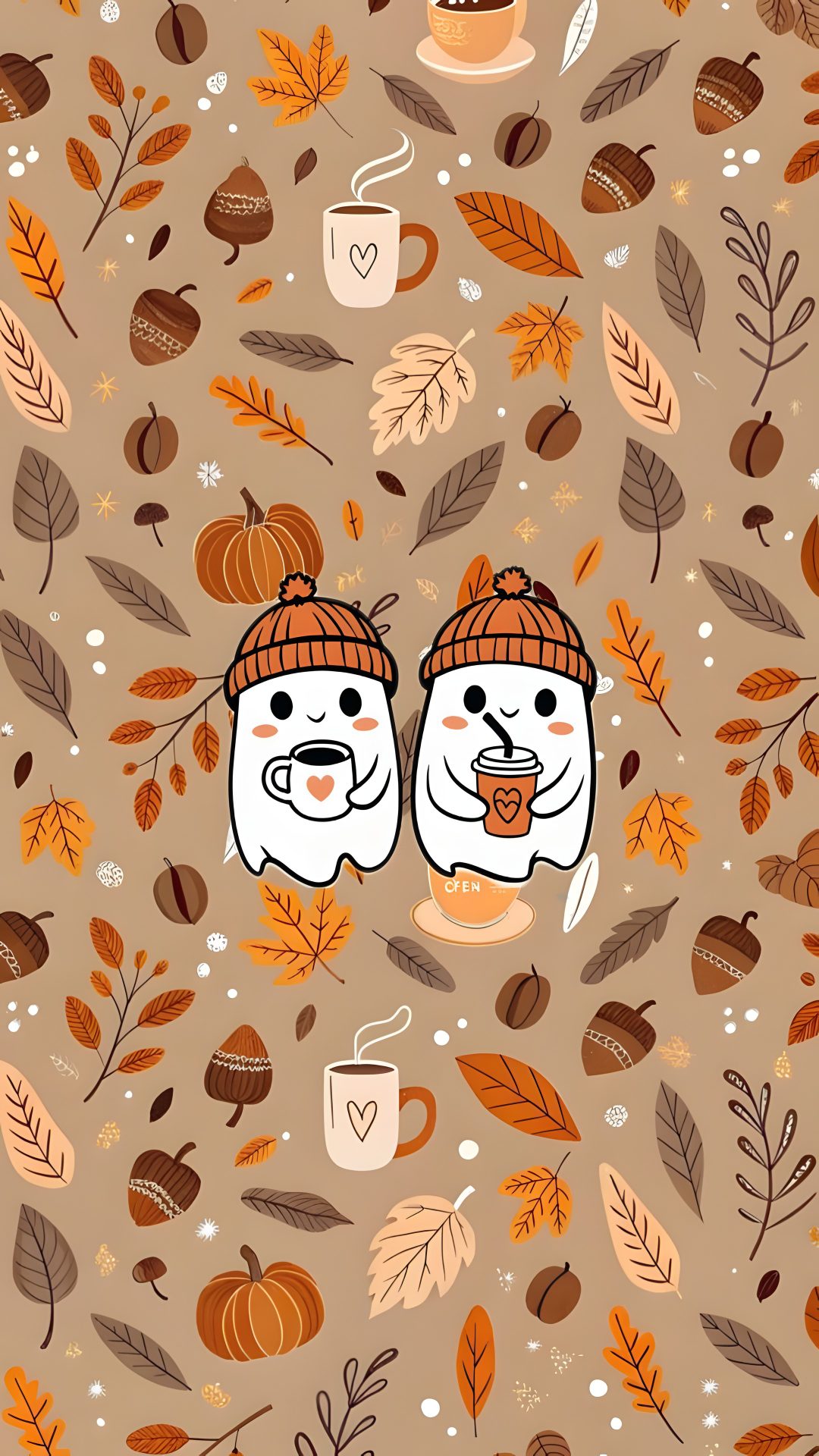two bears are sitting in the middle of leaves and coffee mugs on a brown background Halloween Bff rosy brown