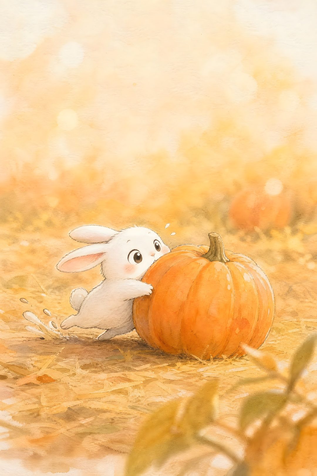 a painting of a white rabbit sitting next to a pumpkin Cute Bunny Halloween khaki