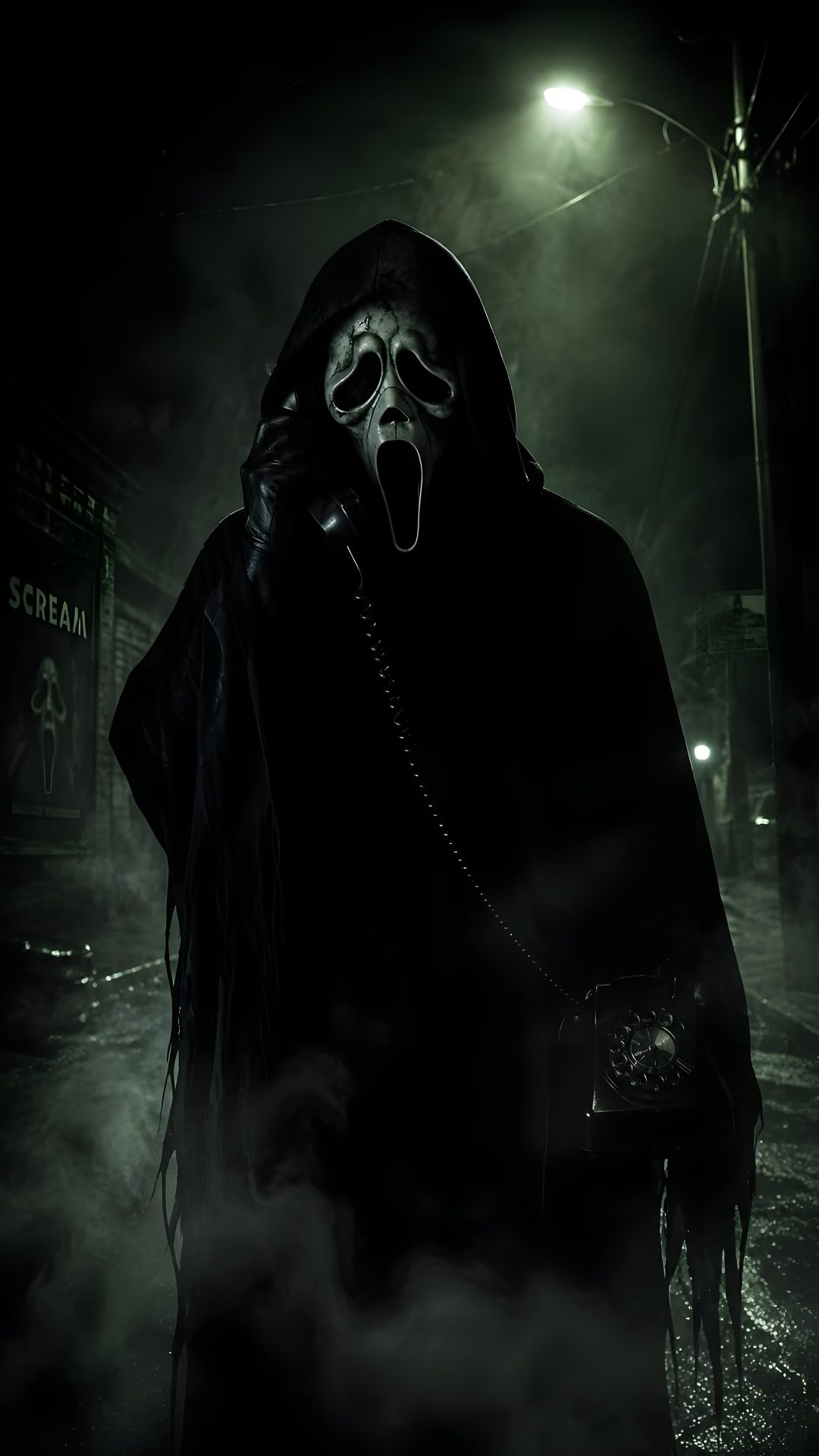 a man in a hooded costume with his mouth open and tongue out, standing on a foggy street at night Halloween Scary Scream black