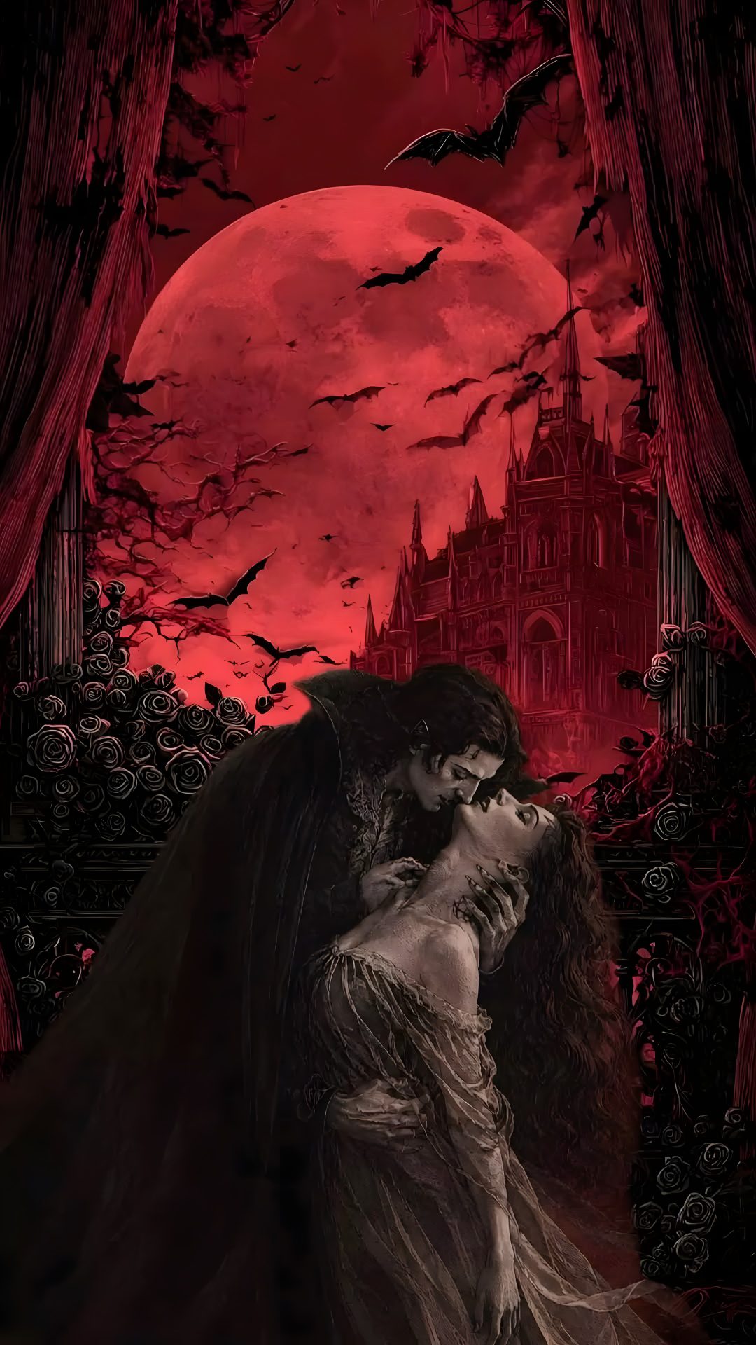a couple kissing in front of a red moon with bats flying over them and the castle behind them Halloween Vampire black