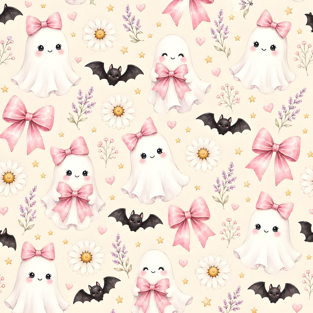 a pattern with bats, flowers and daisies on a light pink background that looks like ghostes Halloween Floral Custom old lace
