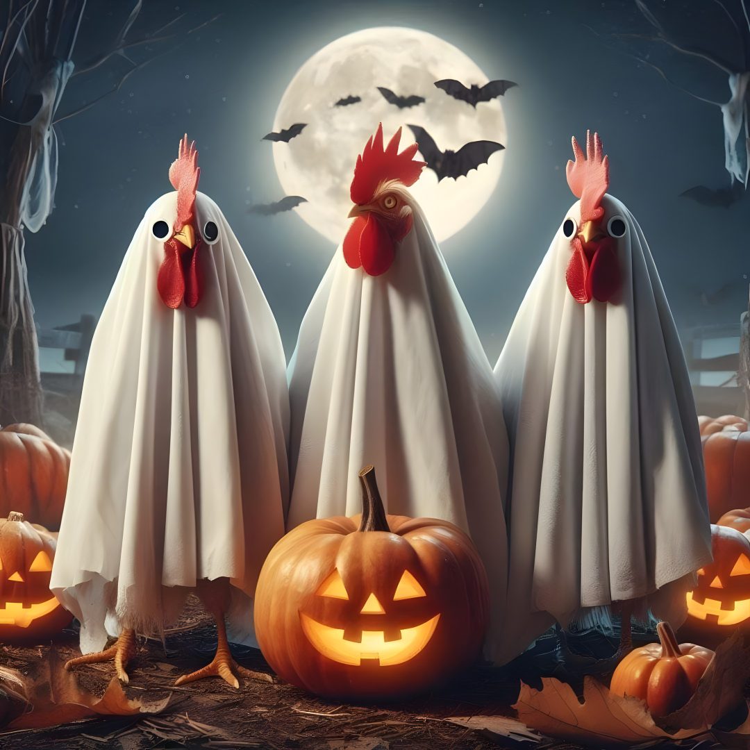 three chickens in white ghost costumes standing next to pumpkins and jack - o'- lanterns Halloween Chicken Cricut, Thanksgiving Chicken Meme, Chicken, Halloween, dim gray
