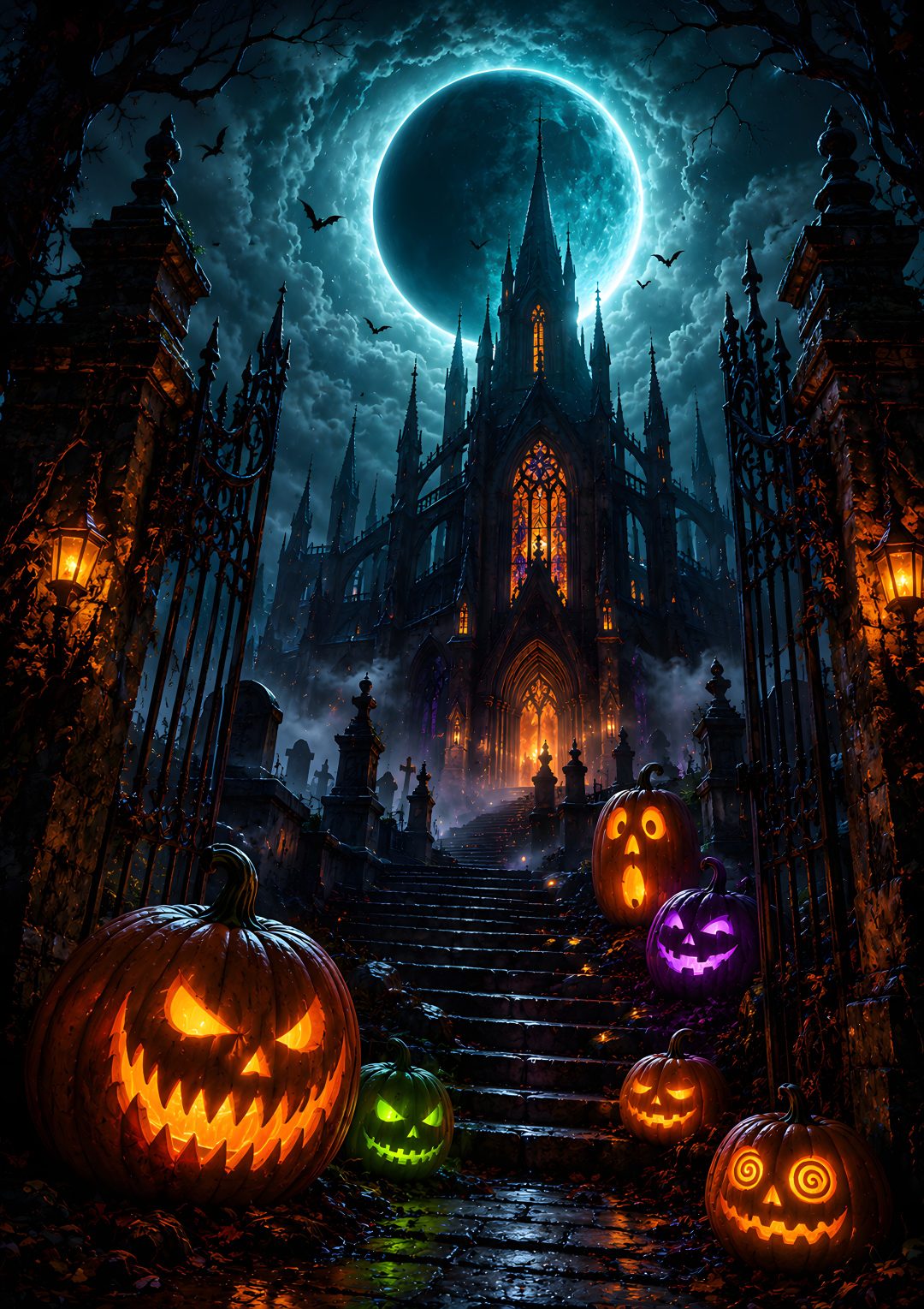 halloween pumpkins in front of a castle at night Awesome Halloween black