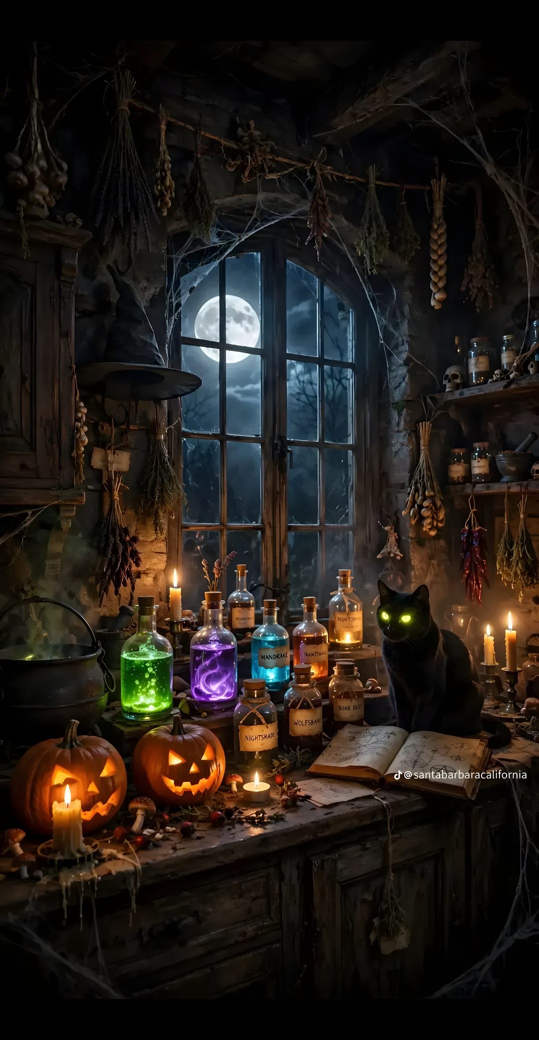 a black cat sitting on top of a table surrounded by halloween decorations Halloween Potion black