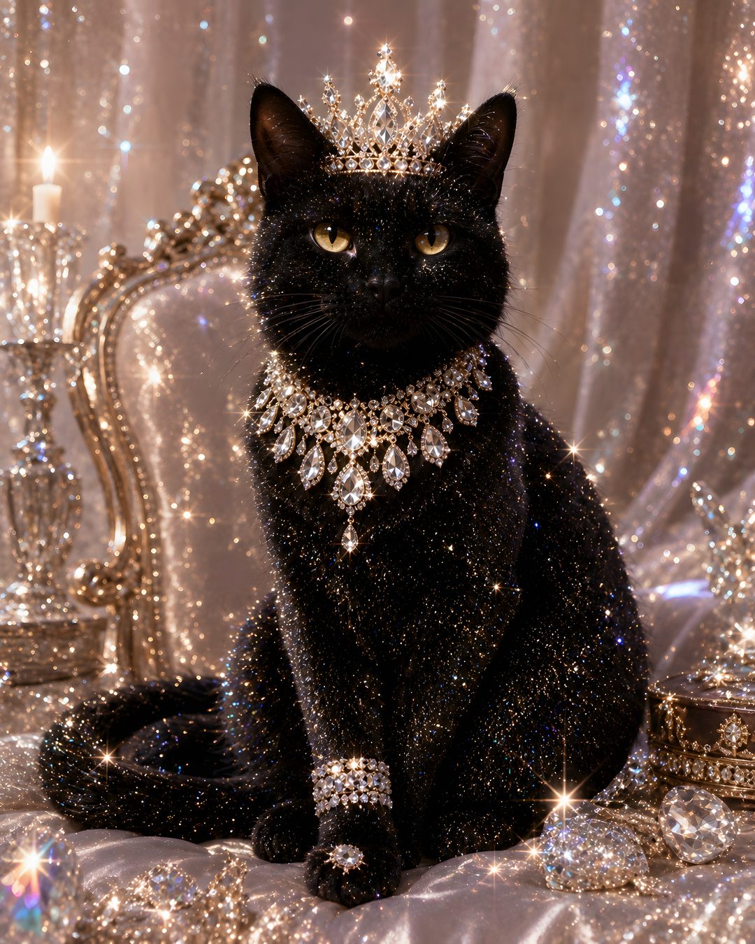 a black cat sitting on top of a table covered in jewels and diamonds, wearing a tiara Black Cat Diamonds For Halloween In dim gray