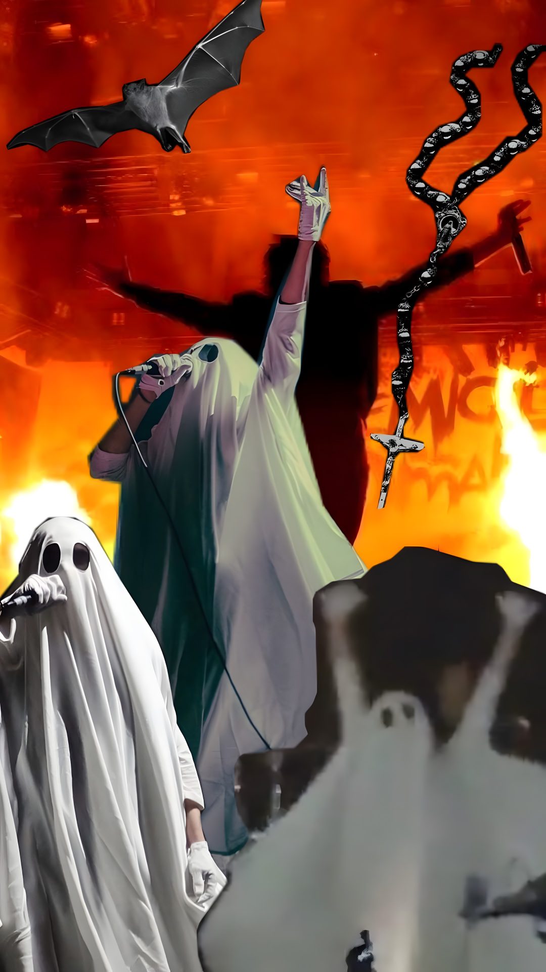 an image of a ghost with his arms in the air and two bats flying over him Mcr Halloween saddle brown