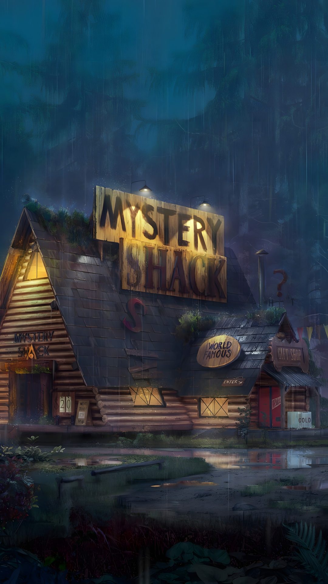 a painting of a house in the woods with a sign that reads mystery shack on it Gravity Falls Halloween dark slate gray