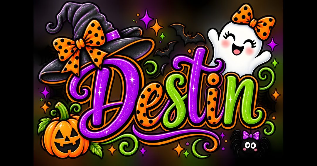 the word destin is decorated with pumpkins and ghost hats on it's head Halloween Name black