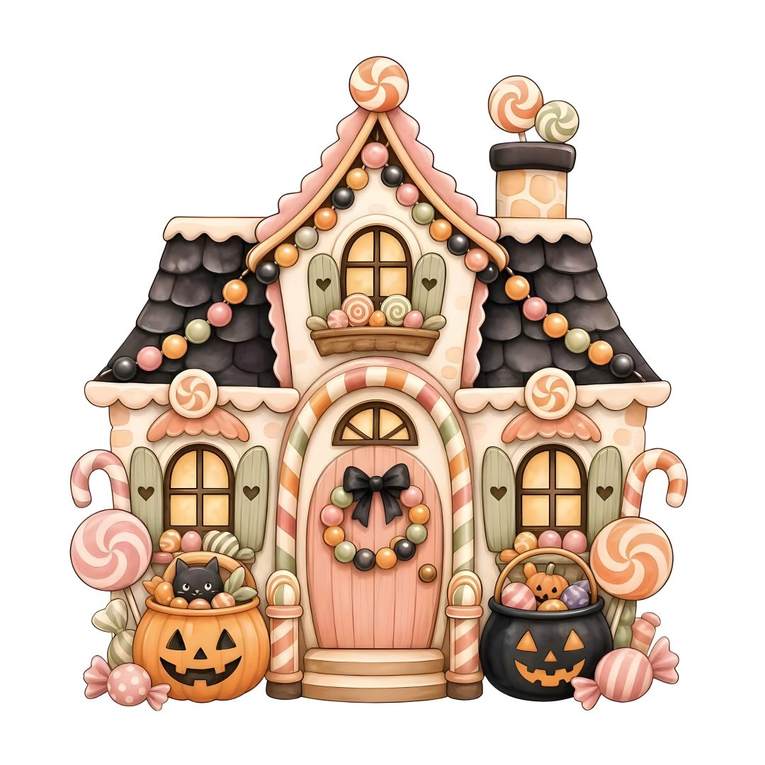 a drawing of a house decorated with candy and candies, pumpkins and jack - o'- lanterns Halloween Candy House snow