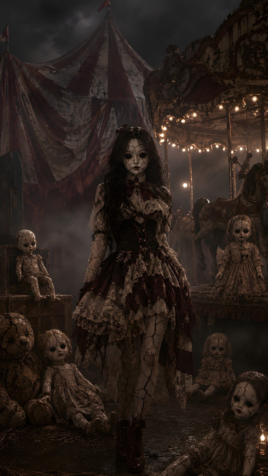 a group of creepy dolls in front of a circus tent with scary clowns around Halloween Scary Cute Girl black