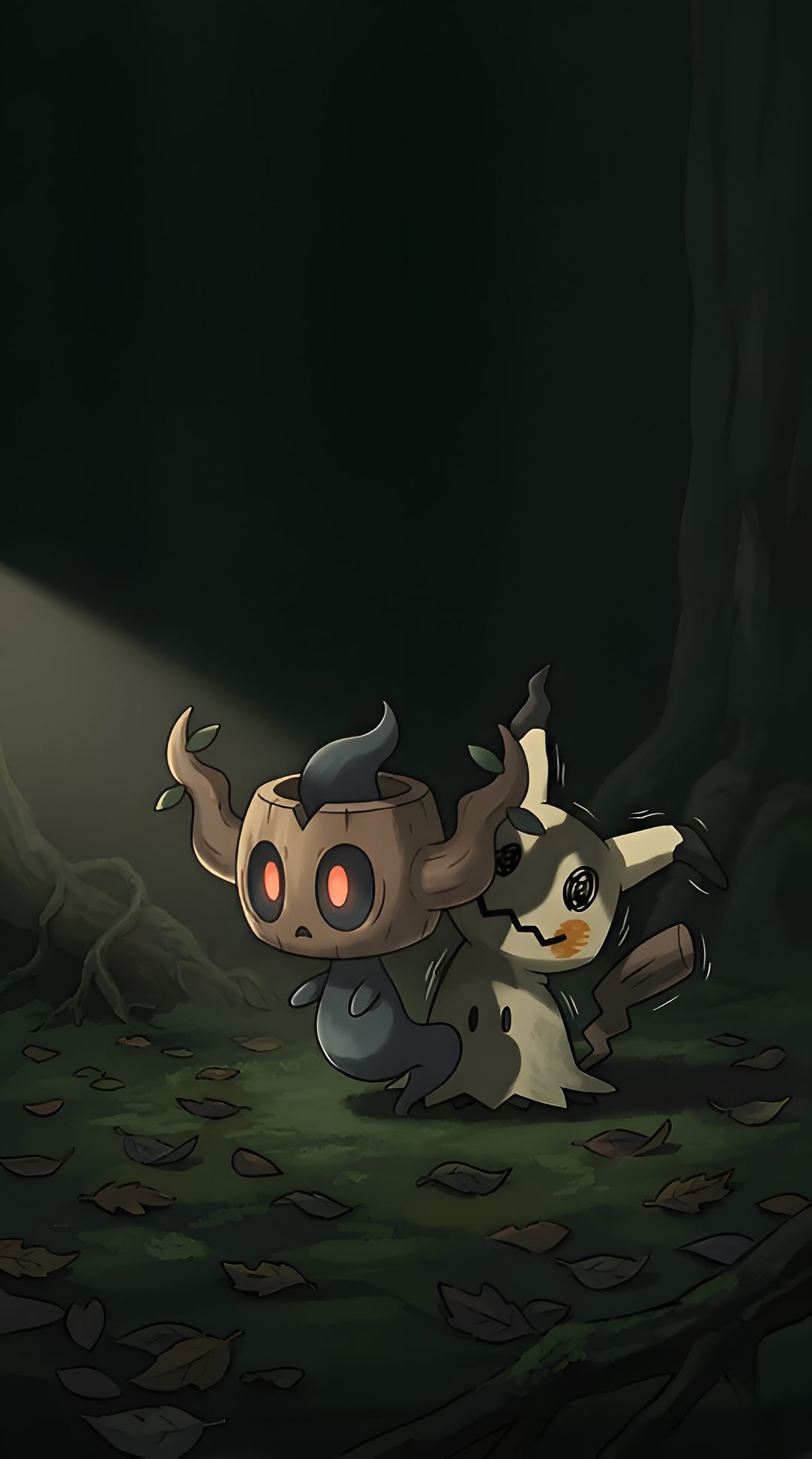 an animal with horns is standing in the dark by some leaves on the ground and another animal has it's eyes open Pokemon Halloween black