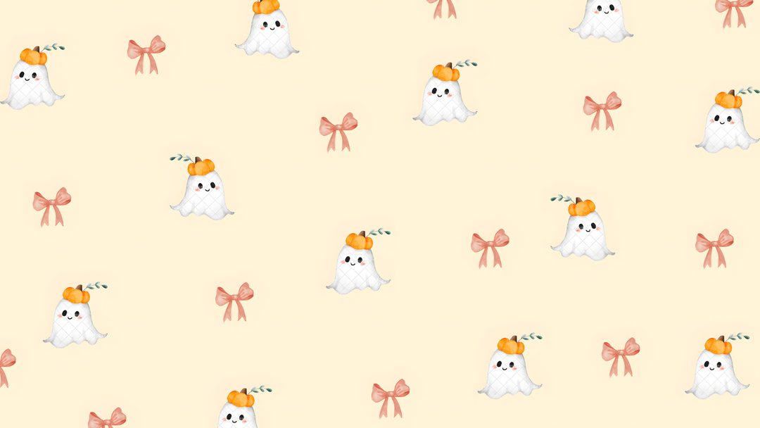 a pattern with ghostes and bows on a peach background Preppy Halloween Desktop papaya whip