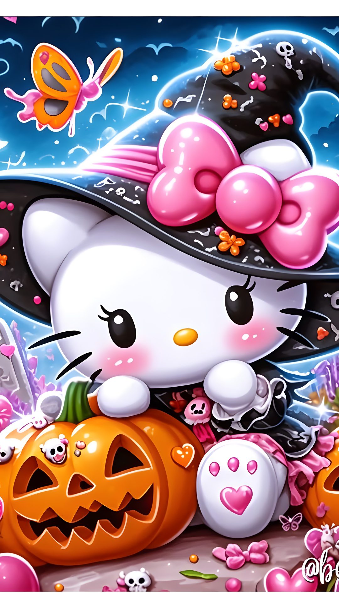 a hello kitty halloween wallpaper with pumpkins and cats in the background, all dressed up Hello Kitty Halloween Aesthetic rosy brown