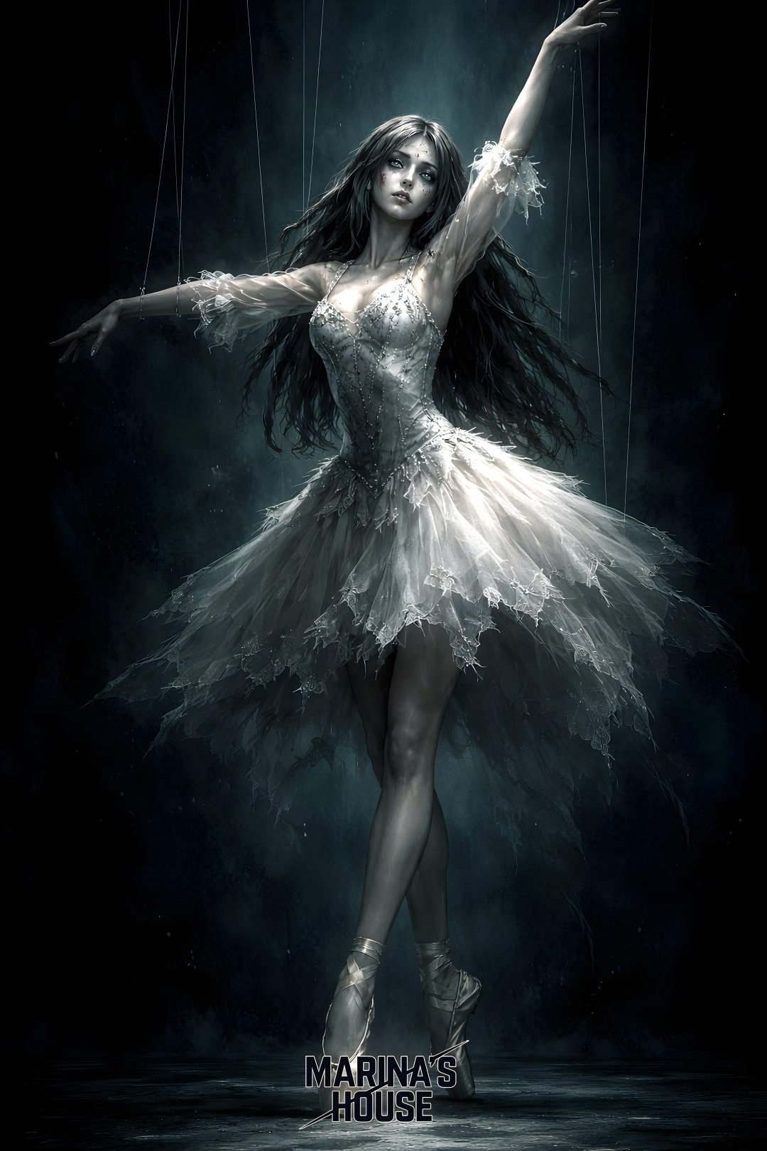 the poster for marina's house shows a ballerina in white dress with long black hair Halloween Ballerina Cover, black