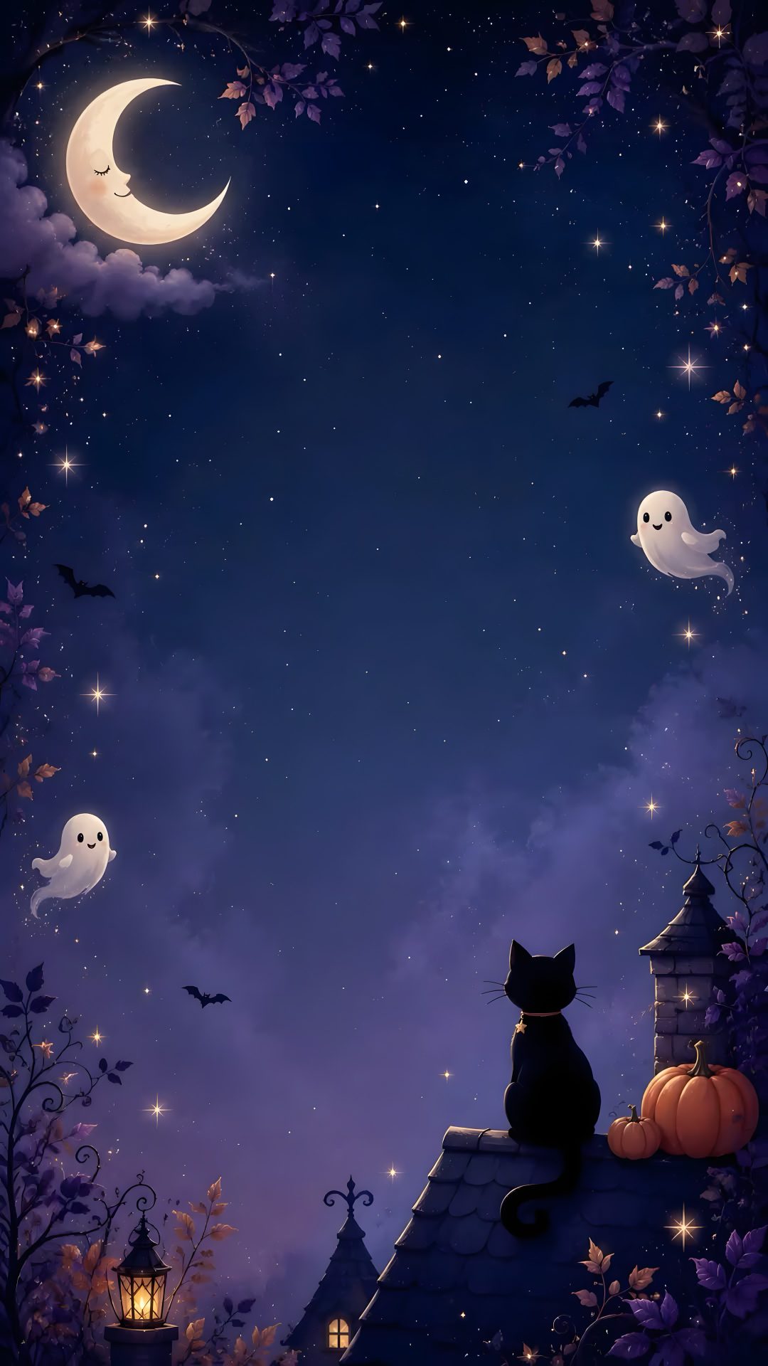 a black cat sitting on top of a roof next to a full moon and bats Halloween Blue midnight blue