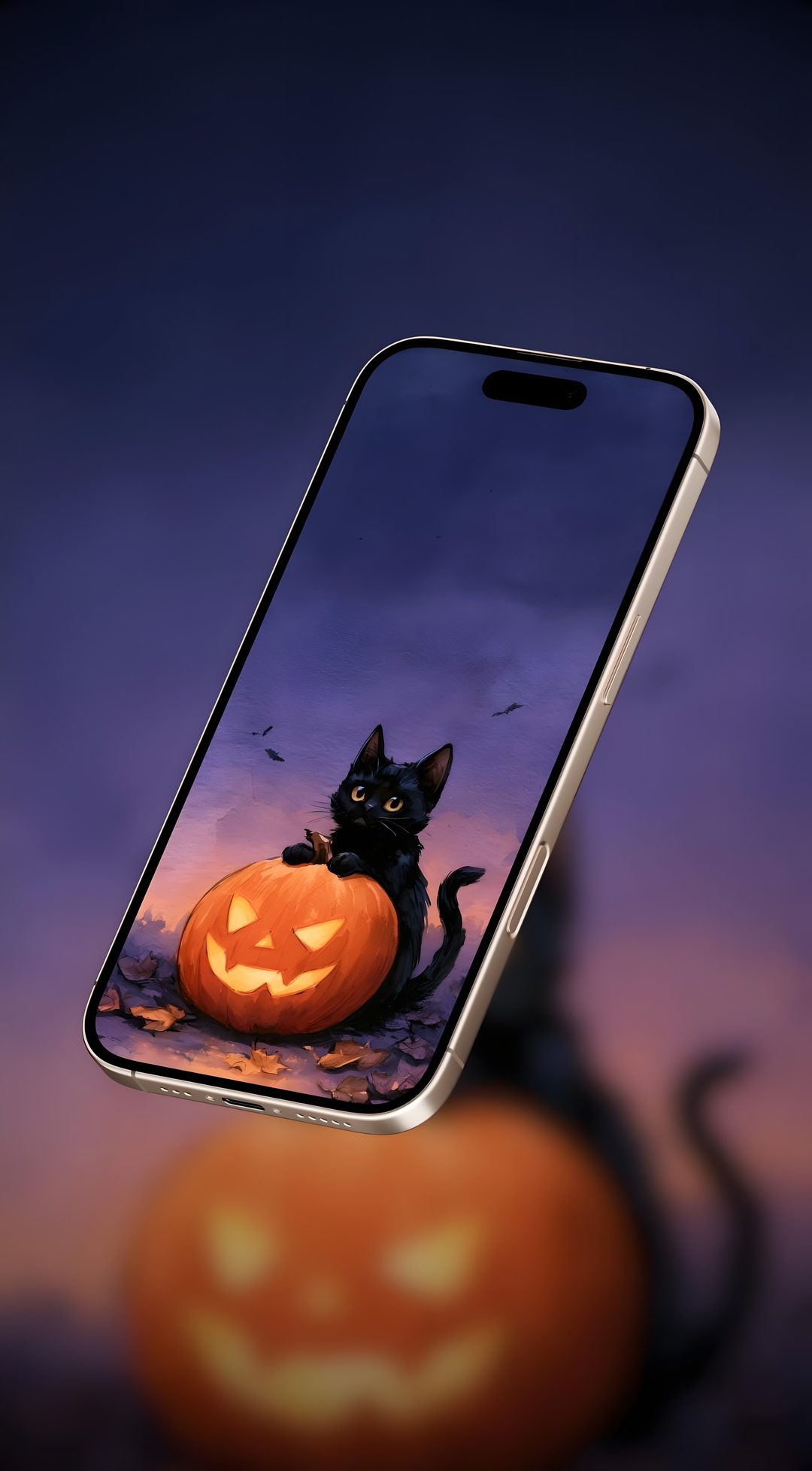 a cat sitting on top of a pumpkin next to a cell phone with an image of a cat in the screen Modern Smartphone With Halloween dark slate gray