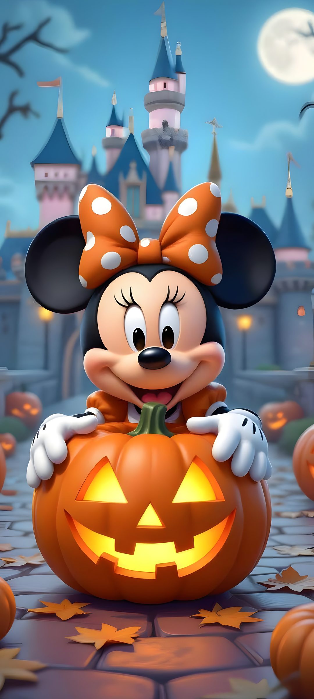 a mickey mouse pumpkin with a castle in the background Halloween Disney 4k Halloween, dim gray