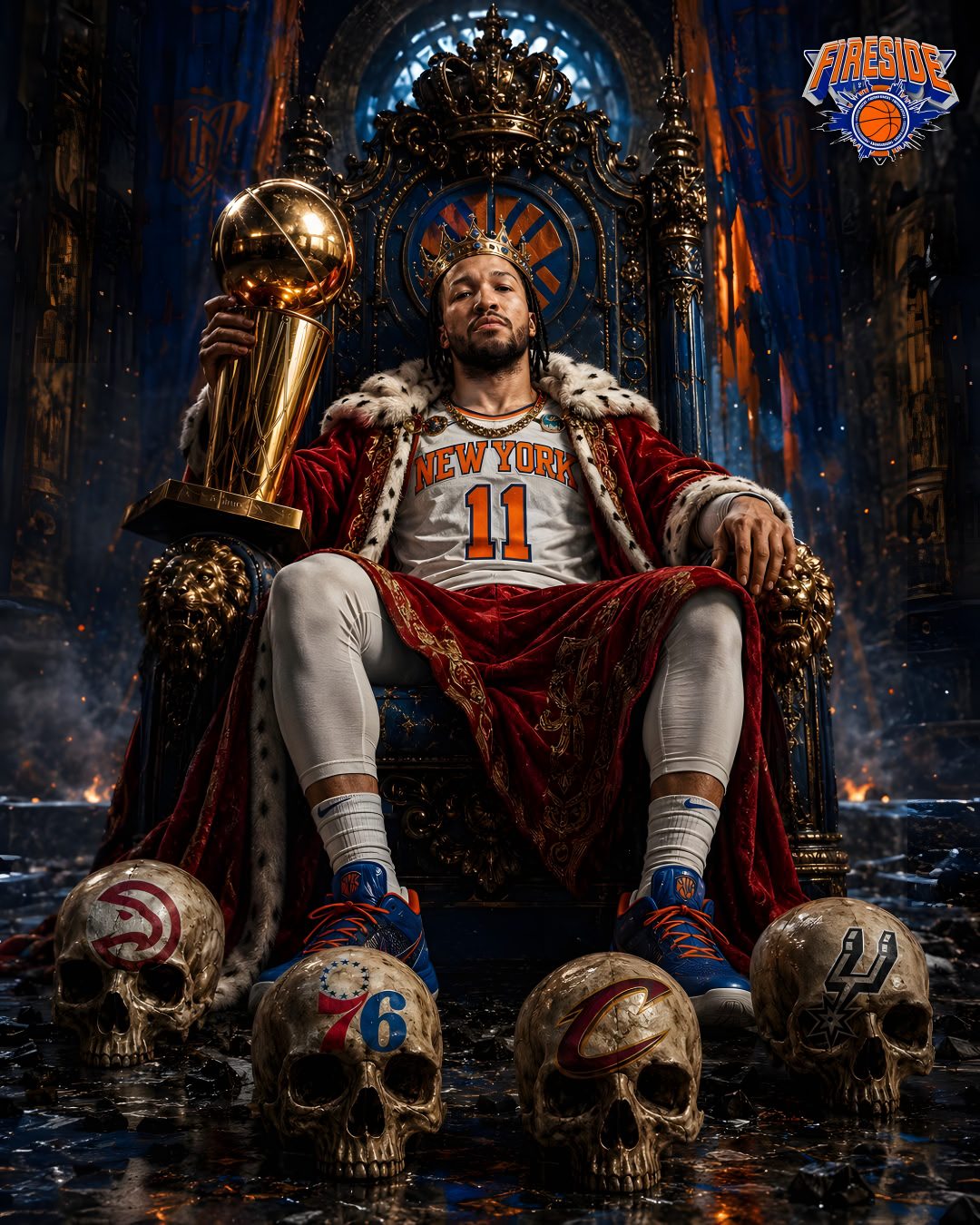 a man sitting on top of a golden throne holding a trophy and two skulls in front of him Halloween Nba Nba Finals, New York Knicks, Nba, Basketball, New York, black