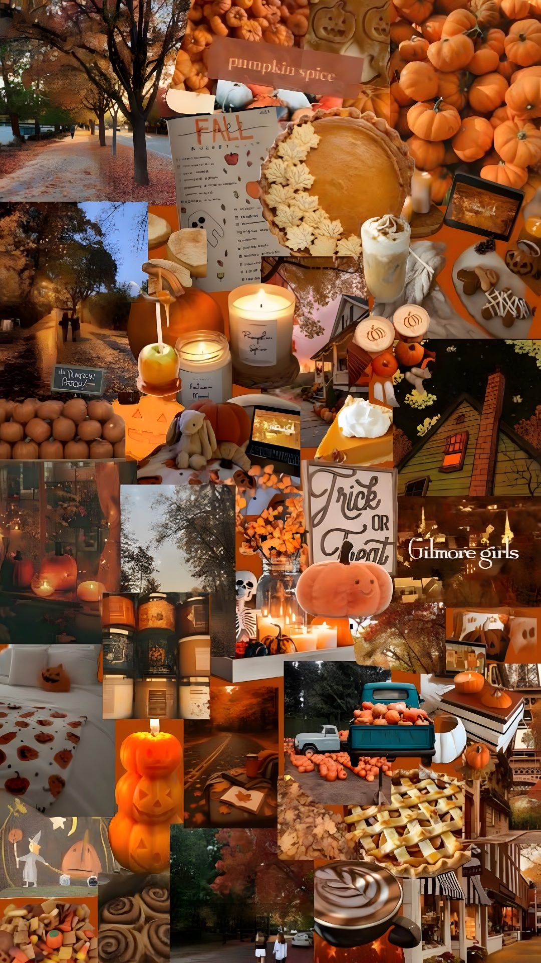 a collage of pictures with pumpkins, candles and other things on it's surface Preppy Halloween Collage saddle brown