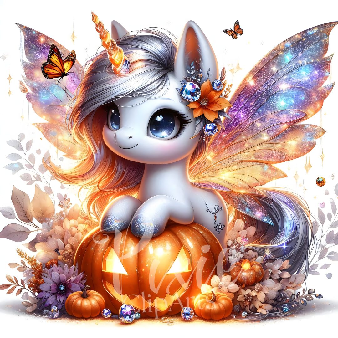 a cute little pony sitting on top of a pumpkin with butterflies flying around her head Halloween Unicorn tan