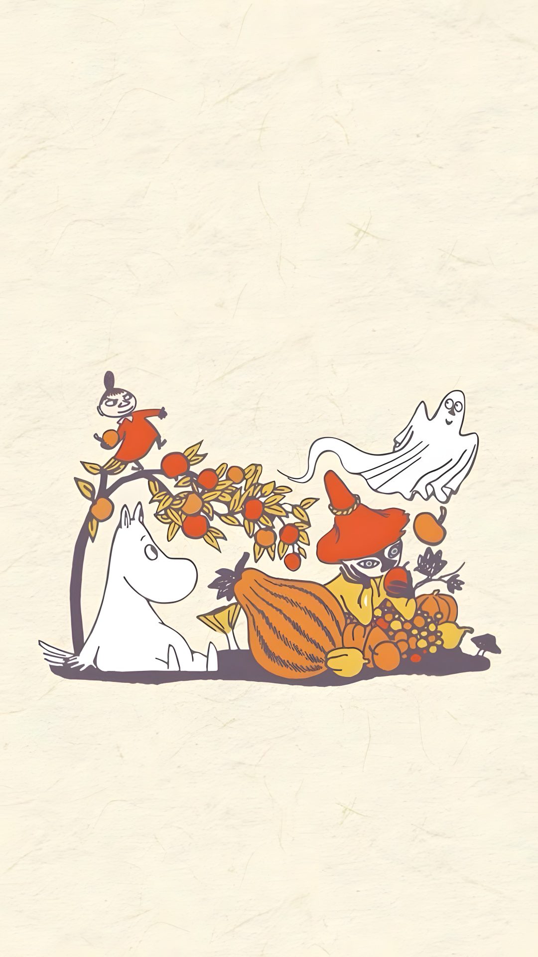 an image of a cartoon character with pumpkins and ghost on his back, in the background Moomin Halloween Halloween, Iphone Background, Tove Jansson, Pattern, Animals, Iphone, beige
