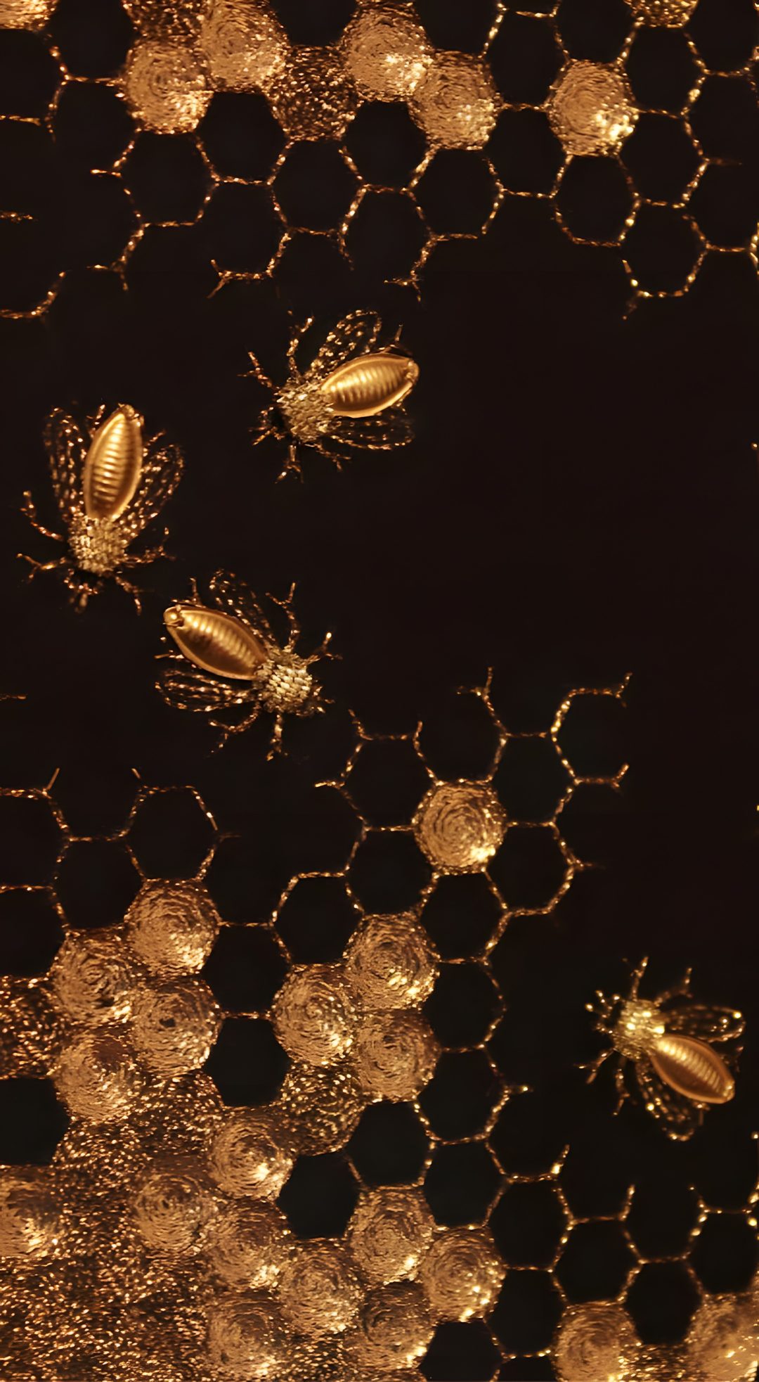 some gold colored bugs on a black background with honeycombs and circles around them Halloween Bees Accent Ideas Bee Hive, Insect Photography Gold, black