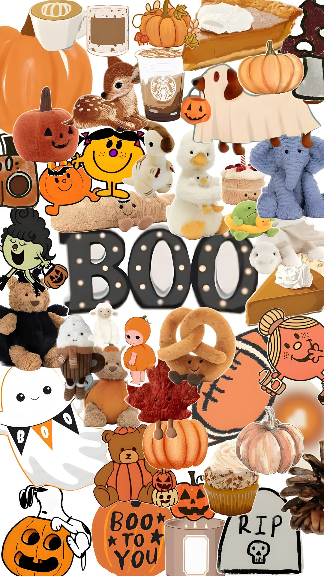 the word boo spelled out in many different types of pumpkins and other halloween related items Preppy Halloween Collage dark salmon
