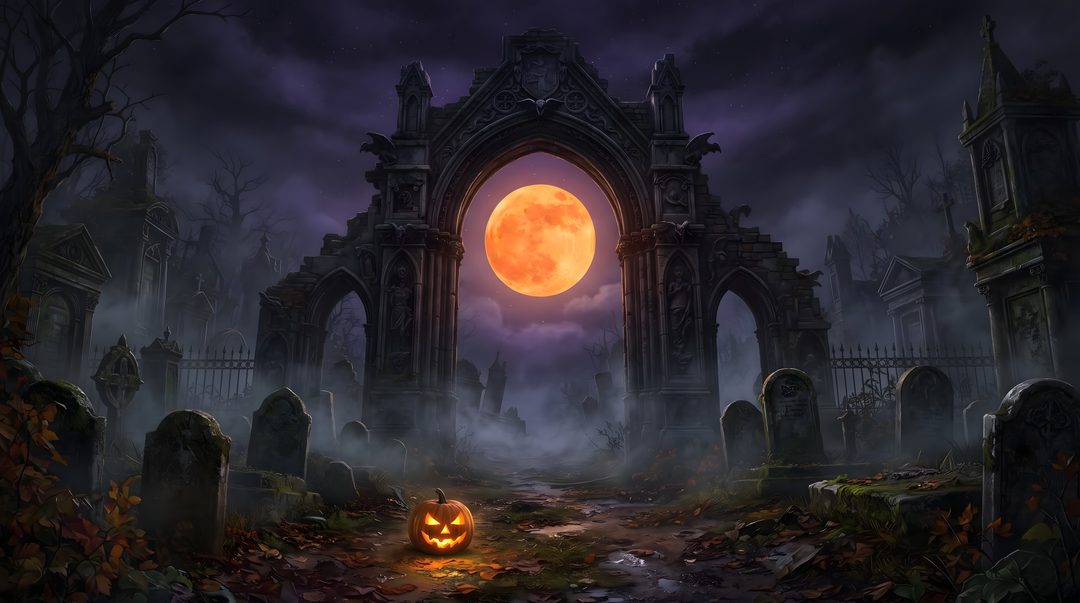 an image of a halloween scene with pumpkins in front of the entrance to a cemetery Halloween Graveyard dark slate gray