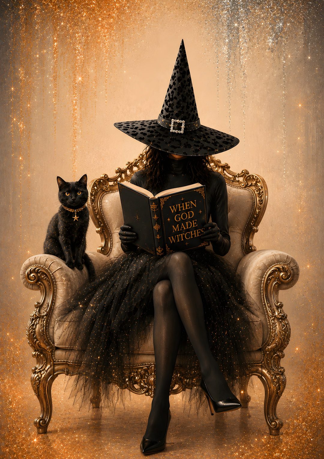 a witch reading a book while sitting on a chair with a black cat in her lap Halloween Witch sienna