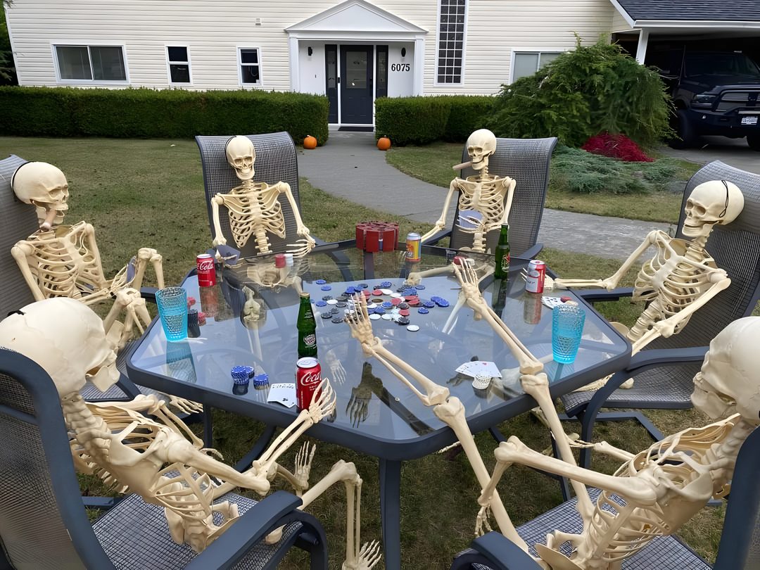a group of skeleton sitting around a glass table with drinks on it in front of a house Halloween Skeleton Party Funny Dp, Artsy Background, Boys Covering Face, dim gray