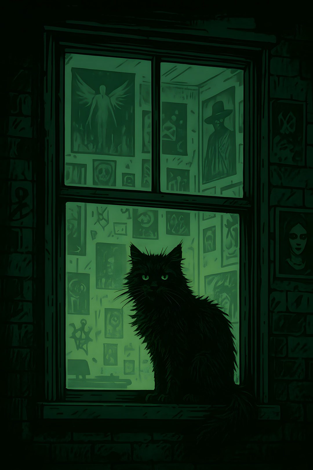 a black cat sitting on top of a window sill next to a green wall Halloween Black Cat Green Pasta Salad, Salad,