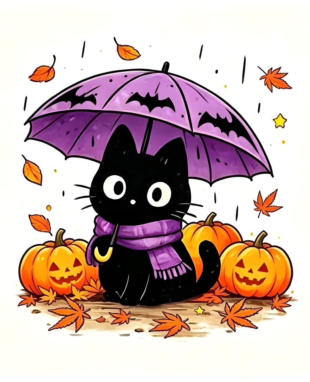 a black cat sitting under an umbrella surrounded by pumpkins Halloween Kawaii Cute Black Cat ivory