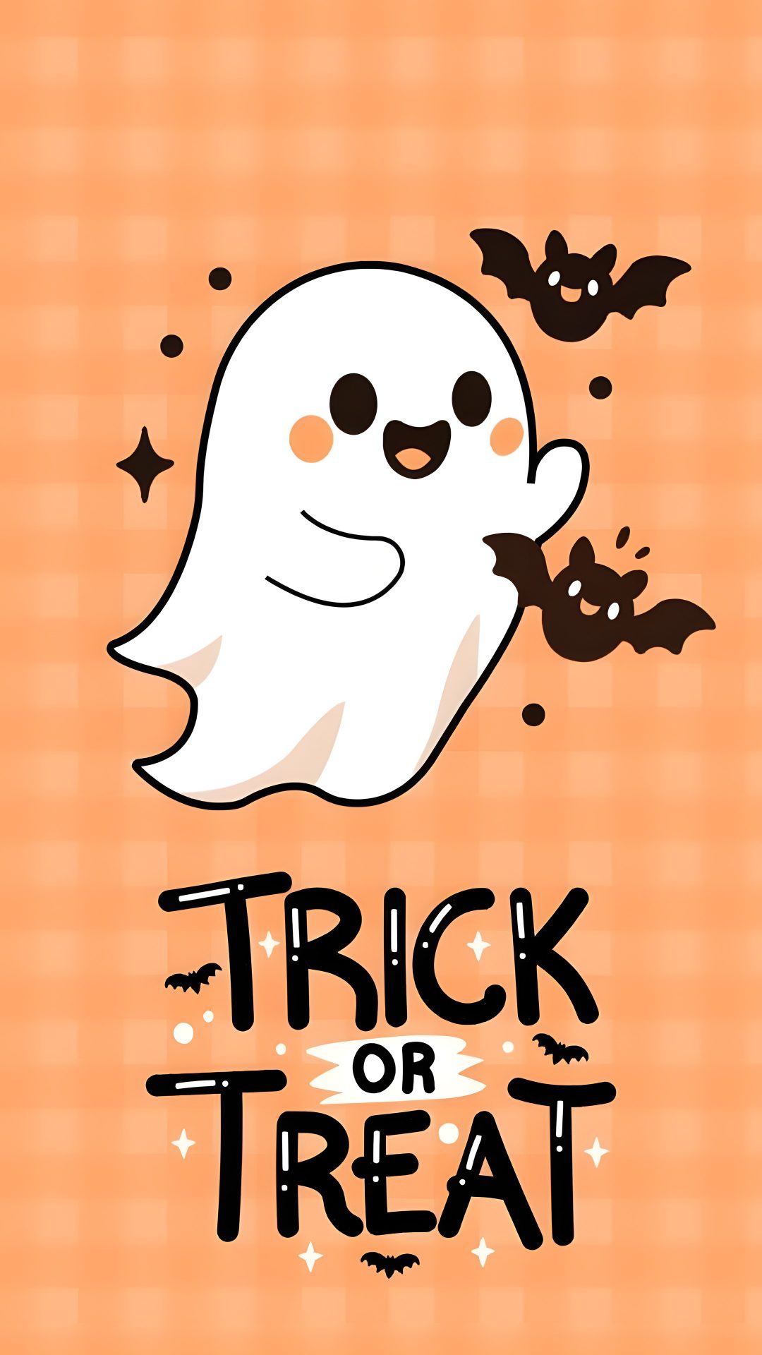 a trick or treat poster with a ghost and bats on it's back ground Cute Halloween For Phone light salmon
