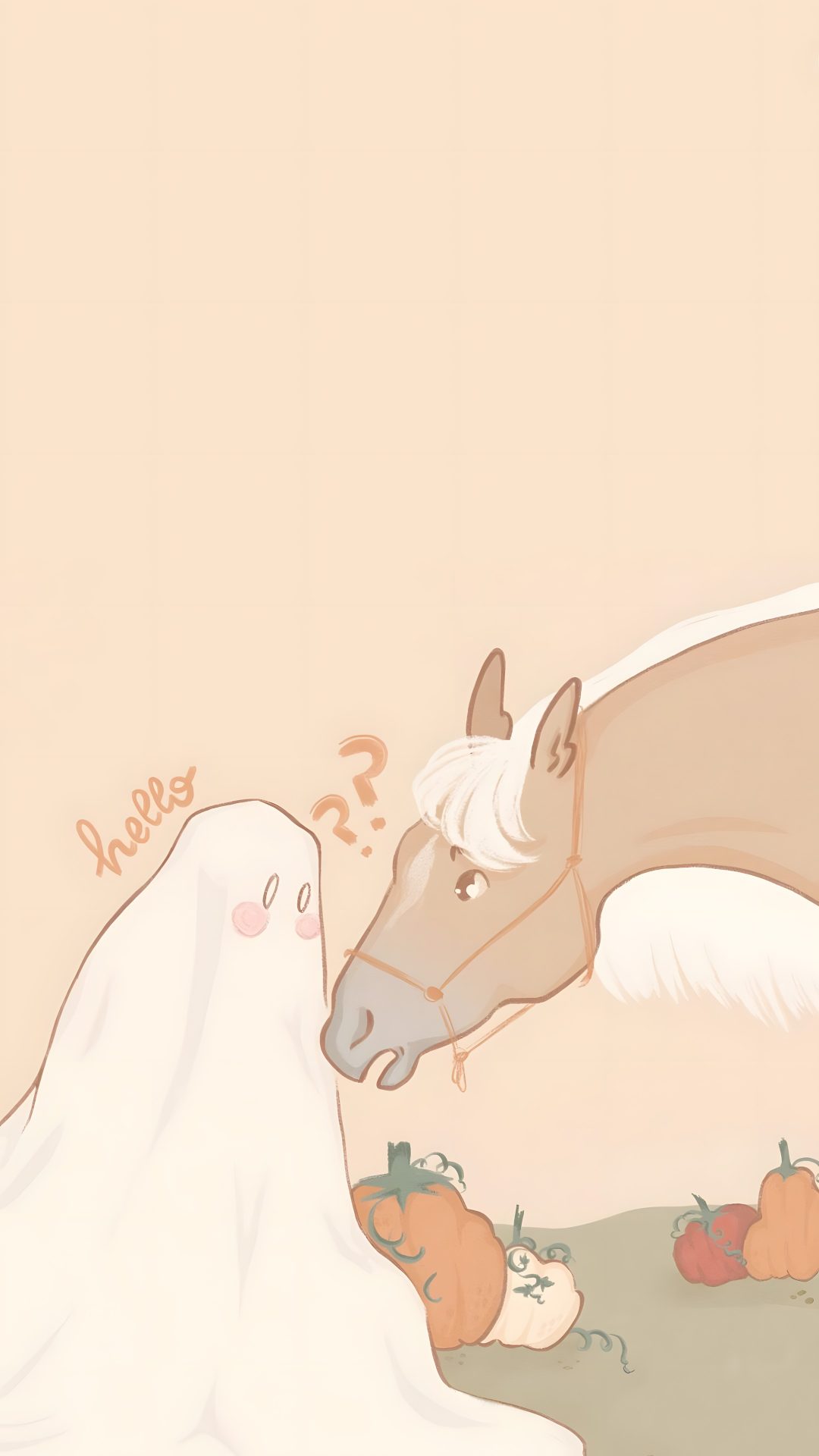 two horses are standing in the grass with pumpkins Cute Halloween Horse Ghost Horse, Fall Horses, Spirit The Horse Meme, Horse Snow Meme, bisque