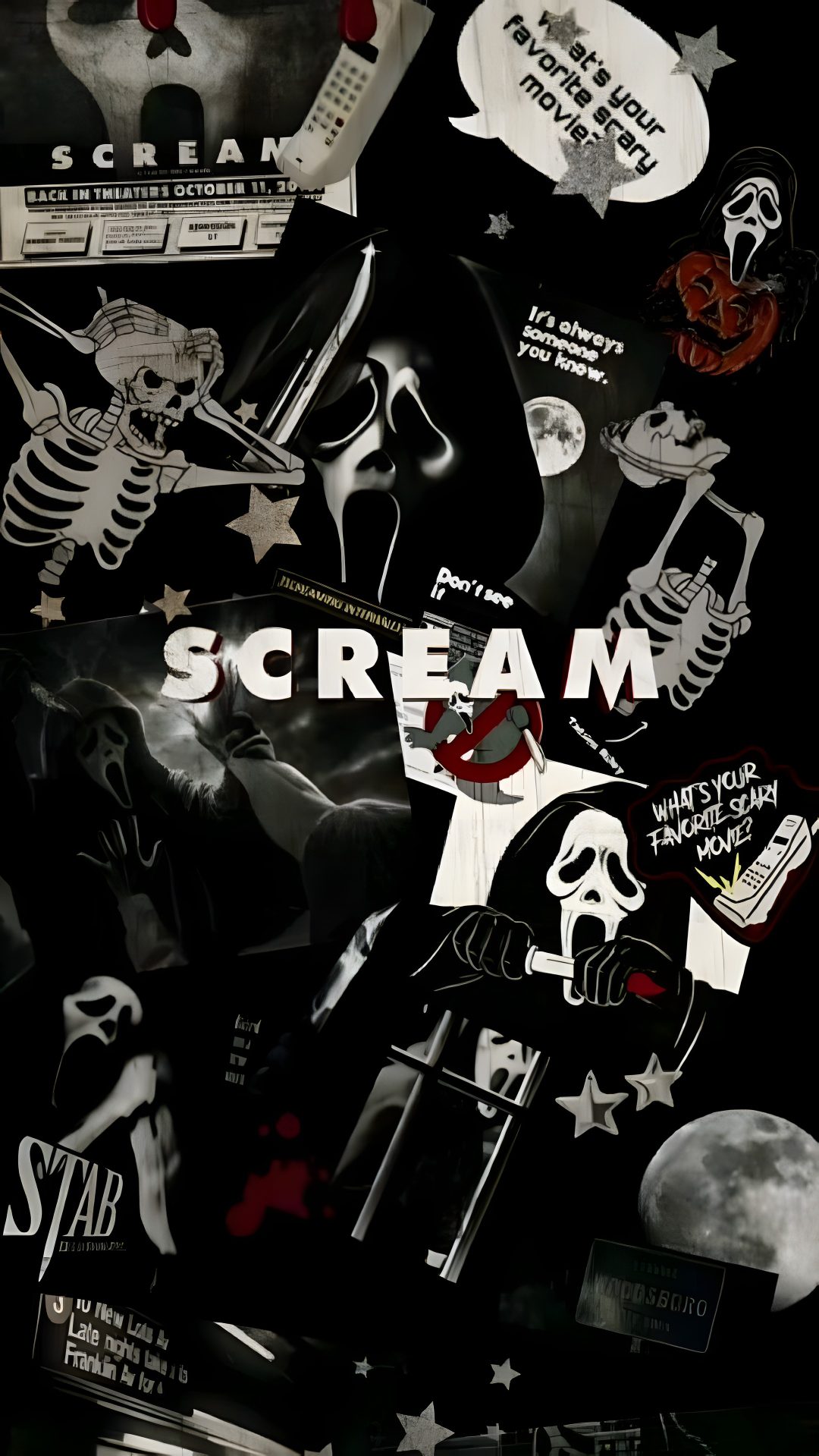 a bunch of stickers that are on top of a black surface with the words scream Halloween Aesthetic Scream black