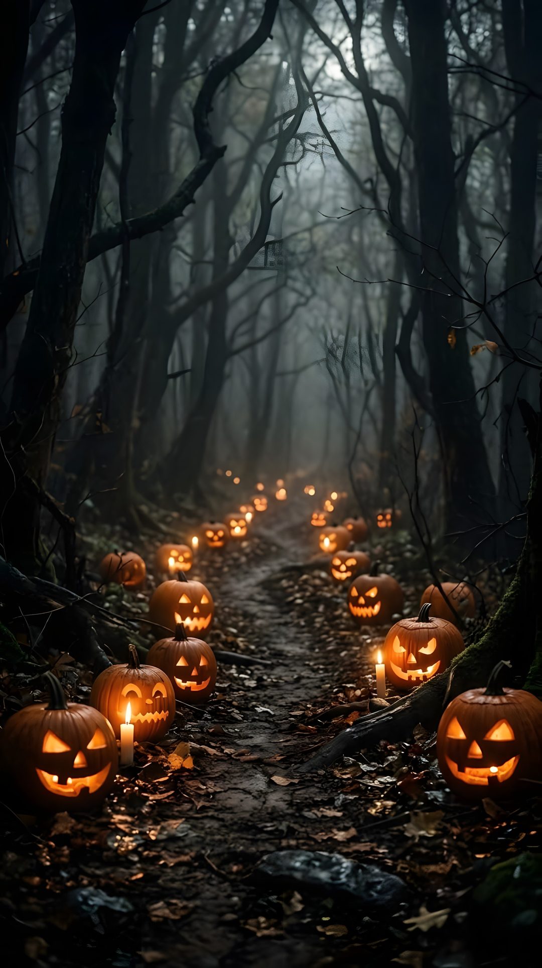 many pumpkins are lit up in the woods Halloween Pumpkin Path black