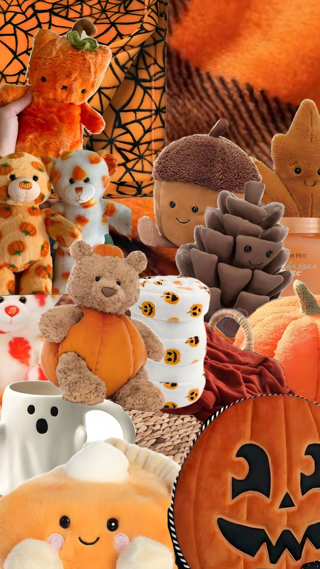 a collage of stuffed animals and pumpkins Jellycat Halloween chocolate
